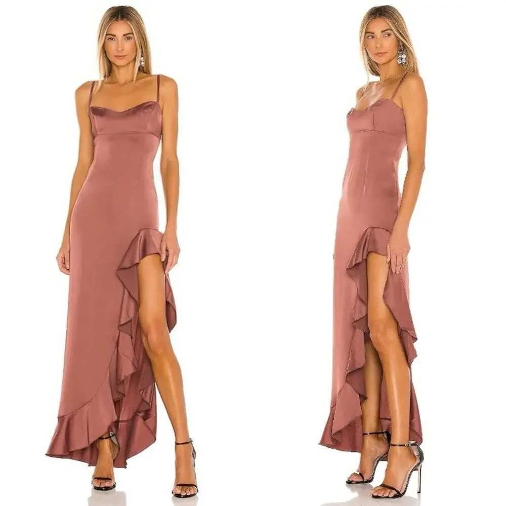 Nookie Sasha Satin Gown REVOLVE Mocha Brown Small NWT Ruffle Slit Formal Dress